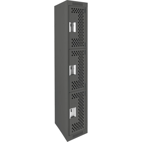 Clean Line Lockers, 3 -tier, 12" x 18" x 72", Steel, Charcoal, Rivet (Assembled), Perforated Seaboard Timber Mart