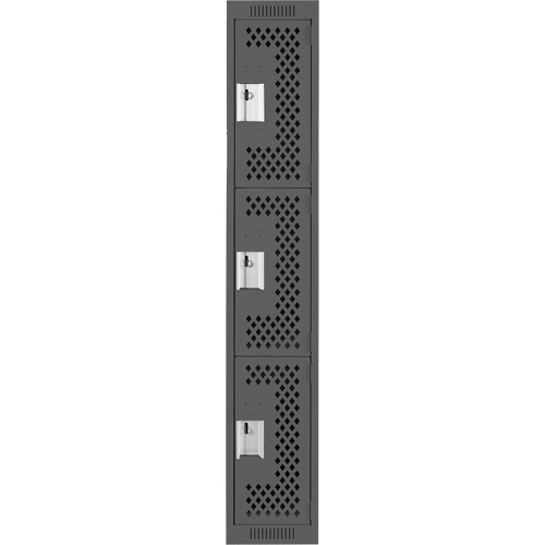 Clean Line Lockers, 3 -tier, 12" x 18" x 72", Steel, Charcoal, Rivet (Assembled), Perforated Seaboard Timber Mart