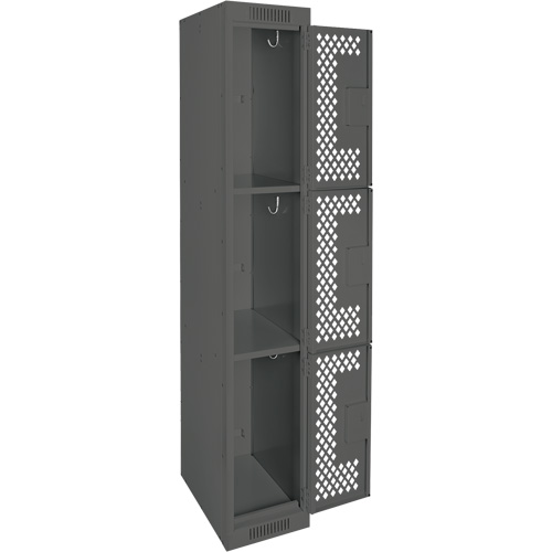 Clean Line Lockers, 3 -tier, 12" x 18" x 72", Steel, Charcoal, Rivet (Assembled), Perforated Seaboard Timber Mart