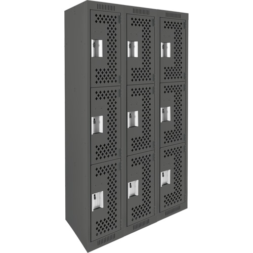 Clean Line Lockers, 3 -tier, Bank of 3, 36" x 18" x 72", Steel, Charcoal, Rivet (Assembled), Perforated Seaboard Timber Mart