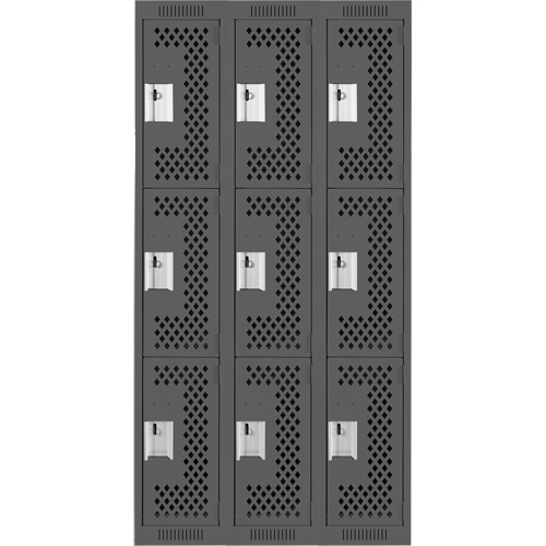 Clean Line Lockers, 3 -tier, Bank of 3, 36" x 18" x 72", Steel, Charcoal, Rivet (Assembled), Perforated Seaboard Timber Mart
