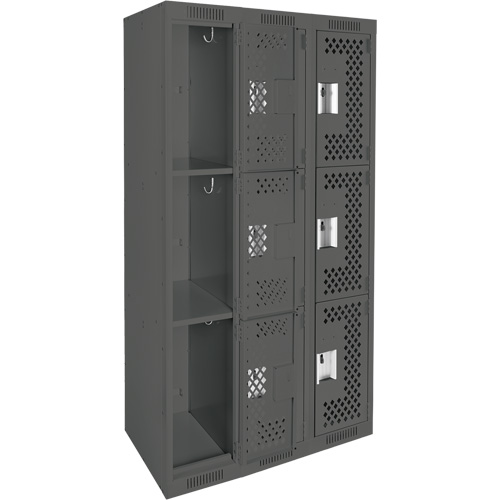Clean Line Lockers, 3 -tier, Bank of 3, 36" x 18" x 72", Steel, Charcoal, Rivet (Assembled), Perforated Seaboard Timber Mart