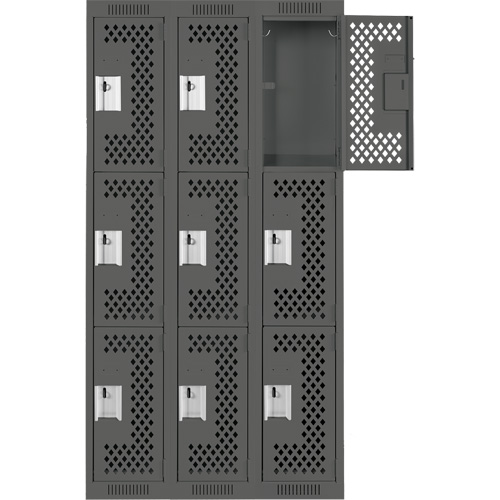 Clean Line Lockers, 3 -tier, Bank of 3, 36" x 18" x 72", Steel, Charcoal, Rivet (Assembled), Perforated Seaboard Timber Mart