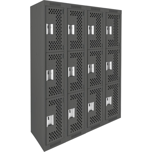 Clean Line Lockers, 3 -tier, Bank of 4, 48" x 18" x 72", Steel, Charcoal, Rivet (Assembled), Perforated Seaboard Timber Mart
