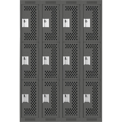 Clean Line Lockers, 3 -tier, Bank of 4, 48" x 18" x 72", Steel, Charcoal, Rivet (Assembled), Perforated Seaboard Timber Mart