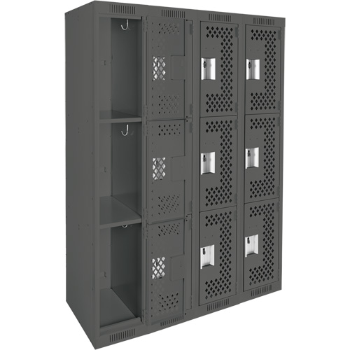 Clean Line Lockers, 3 -tier, Bank of 4, 48" x 18" x 72", Steel, Charcoal, Rivet (Assembled), Perforated Seaboard Timber Mart