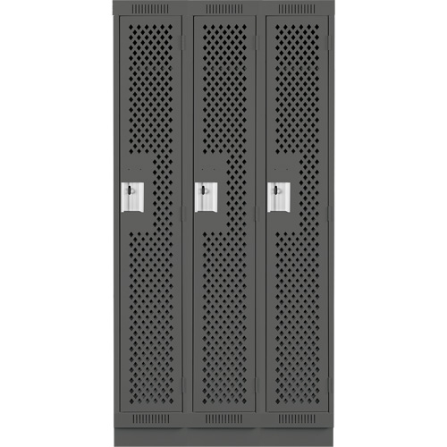 Clean Line Lockers, Bank of 3, 36" x 18" x 76", Steel, Charcoal, Rivet (Assembled), Perforated Seaboard Timber Mart