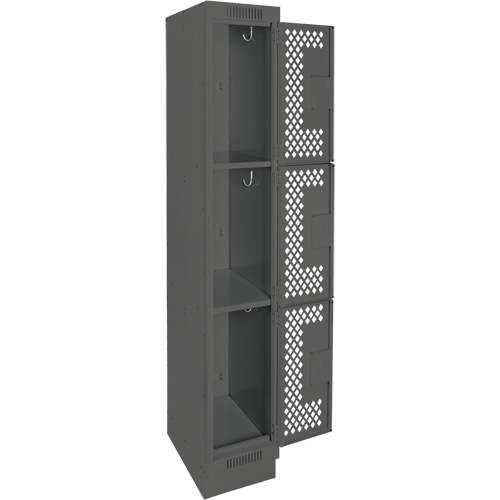 Clean Line Lockers, 3 -tier, 12" x 18" x 76", Steel, Charcoal, Rivet (Assembled), Perforated Seaboard Timber Mart