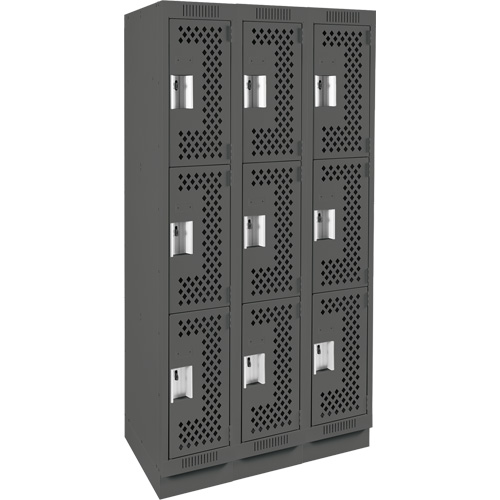 Clean Line Lockers, 3 -tier, Bank of 3, 36" x 18" x 76", Steel, Charcoal, Rivet (Assembled), Perforated Seaboard Timber Mart