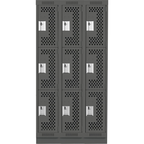 Clean Line Lockers, 3 -tier, Bank of 3, 36" x 18" x 76", Steel, Charcoal, Rivet (Assembled), Perforated Seaboard Timber Mart