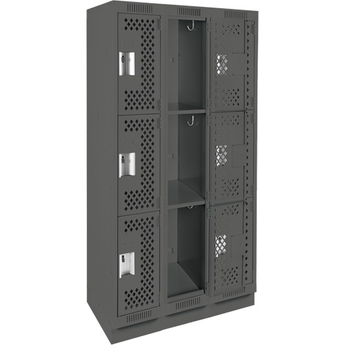 Clean Line Lockers, 3 -tier, Bank of 3, 36" x 18" x 76", Steel, Charcoal, Rivet (Assembled), Perforated Seaboard Timber Mart