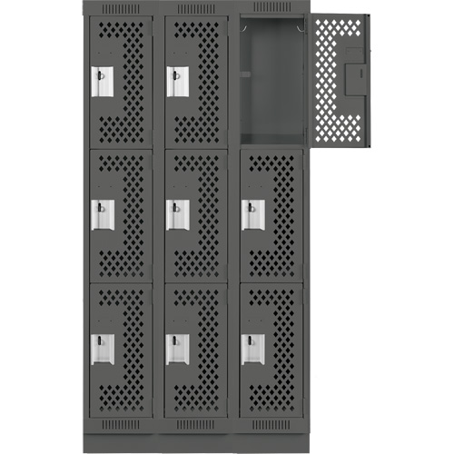 Clean Line Lockers, 3 -tier, Bank of 3, 36" x 18" x 76", Steel, Charcoal, Rivet (Assembled), Perforated Seaboard Timber Mart
