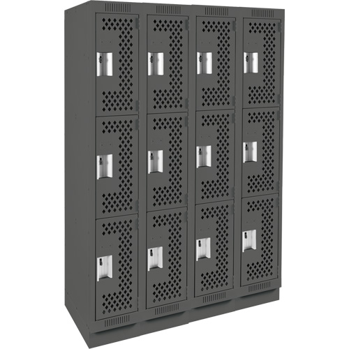 Clean Line Lockers, 3 -tier, Bank of 4, 48" x 18" x 76", Steel, Charcoal, Rivet (Assembled), Perforated Seaboard Timber Mart