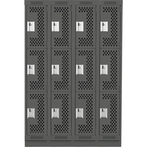 Clean Line Lockers, 3 -tier, Bank of 4, 48" x 18" x 76", Steel, Charcoal, Rivet (Assembled), Perforated Seaboard Timber Mart