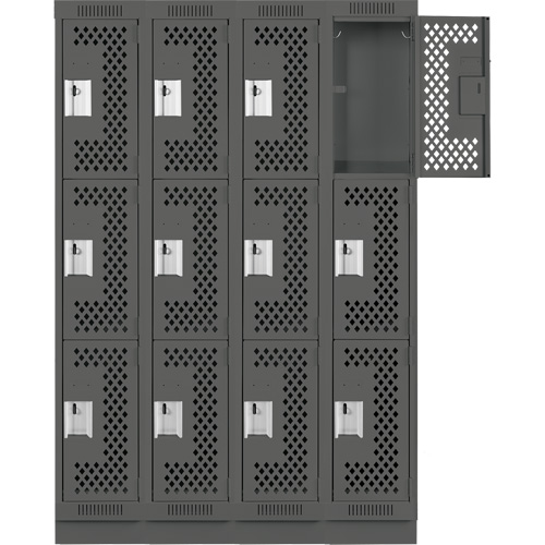 Clean Line Lockers, 3 -tier, Bank of 4, 48" x 18" x 76", Steel, Charcoal, Rivet (Assembled), Perforated Seaboard Timber Mart