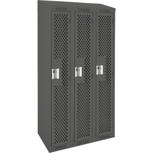 Clean Line Lockers, Bank of 3, 36" x 18" x 78", Steel, Charcoal, Rivet (Assembled), Perforated Seaboard Timber Mart