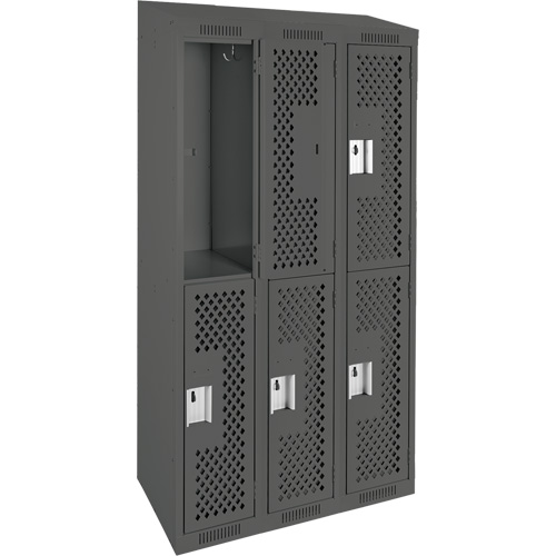Clean Line Lockers, 2 -tier, Bank of 3, 36" x 18" x 78", Steel, Charcoal, Rivet (Assembled), Perforated Seaboard Timber Mart