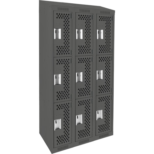 Clean Line Lockers, 3 -tier, Bank of 3, 36" x 18" x 78", Steel, Charcoal, Rivet (Assembled), Perforated Seaboard Timber Mart