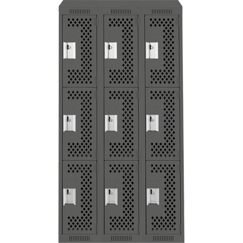 Clean Line Lockers, 3 -tier, Bank of 3, 36" x 18" x 78", Steel, Charcoal, Rivet (Assembled), Perforated Seaboard Timber Mart