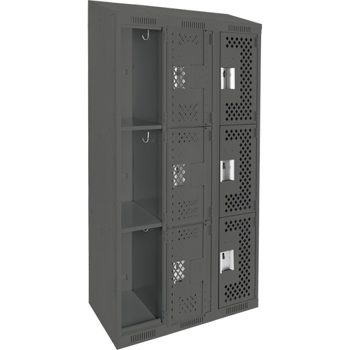 Clean Line Lockers, 3 -tier, Bank of 3, 36" x 18" x 78", Steel, Charcoal, Rivet (Assembled), Perforated Seaboard Timber Mart