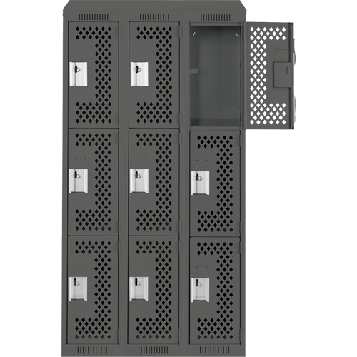 Clean Line Lockers, 3 -tier, Bank of 3, 36" x 18" x 78", Steel, Charcoal, Rivet (Assembled), Perforated Seaboard Timber Mart