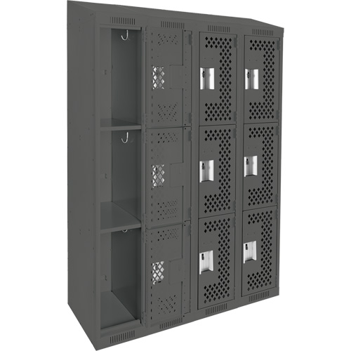 Clean Line Lockers, 3 -tier, Bank of 4, 48" x 18" x 78", Steel, Charcoal, Rivet (Assembled), Perforated Seaboard Timber Mart