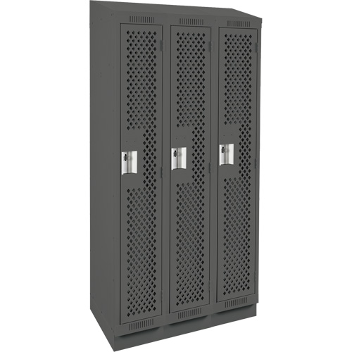 Clean Line Lockers, Bank of 3, 36" x 12" x 82", Steel, Charcoal, Rivet (Assembled), Perforated Seaboard Timber Mart