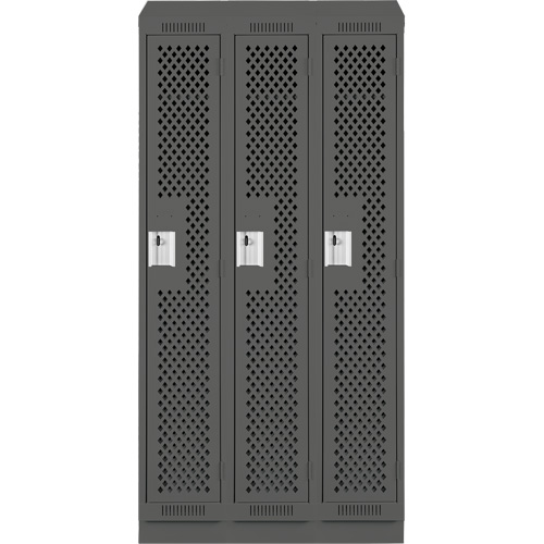 Clean Line Lockers, Bank of 3, 36" x 12" x 82", Steel, Charcoal, Rivet (Assembled), Perforated Seaboard Timber Mart