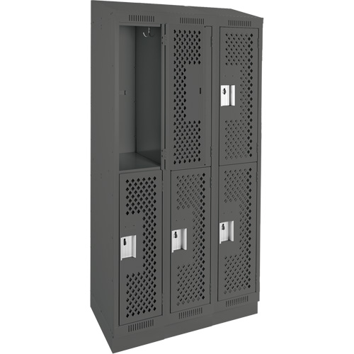 Clean Line Lockers, 2 -tier, Bank of 3, 36" x 15" x 82", Steel, Charcoal, Rivet (Assembled), Perforated Seaboard Timber Mart