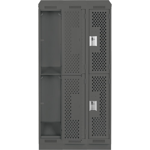 Clean Line Lockers, 2 -tier, Bank of 3, 36" x 15" x 82", Steel, Charcoal, Rivet (Assembled), Perforated Seaboard Timber Mart