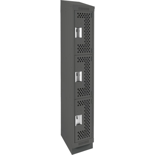 Clean Line Lockers, 3 -tier, 12" x 18" x 82", Steel, Charcoal, Rivet (Assembled), Perforated Seaboard Timber Mart