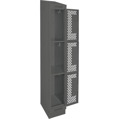 Clean Line Lockers, 3 -tier, 12" x 18" x 82", Steel, Charcoal, Rivet (Assembled), Perforated Seaboard Timber Mart