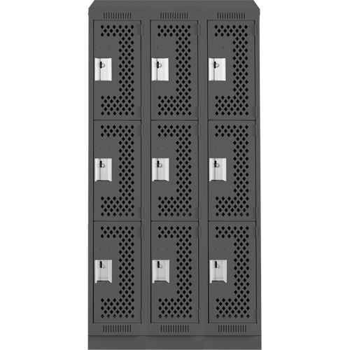 Clean Line Lockers, 3 -tier, Bank of 3, 36" x 18" x 82", Steel, Charcoal, Rivet (Assembled), Perforated Seaboard Timber Mart