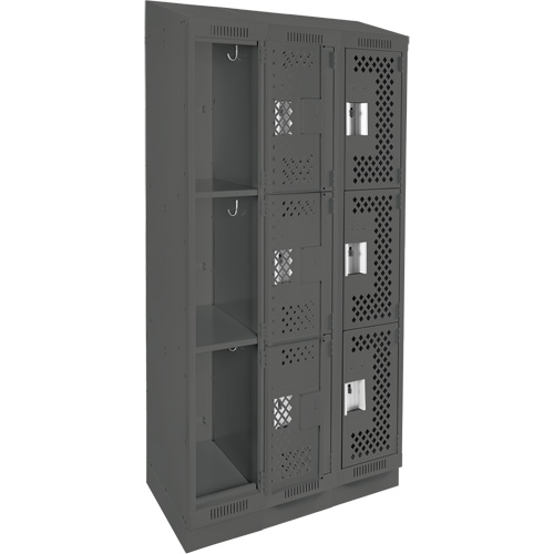 Clean Line Lockers, 3 -tier, Bank of 3, 36" x 18" x 82", Steel, Charcoal, Rivet (Assembled), Perforated Seaboard Timber Mart