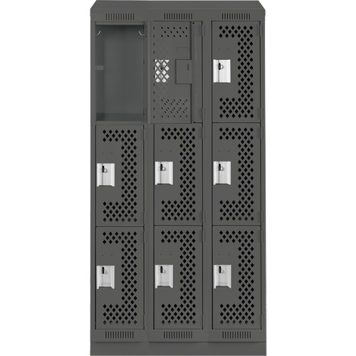 Clean Line Lockers, 3 -tier, Bank of 3, 36" x 18" x 82", Steel, Charcoal, Rivet (Assembled), Perforated Seaboard Timber Mart
