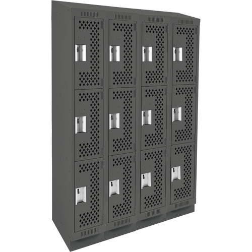 Clean Line Lockers, 3 -tier, Bank of 4, 48" x 18" x 82", Steel, Charcoal, Rivet (Assembled), Perforated Seaboard Timber Mart