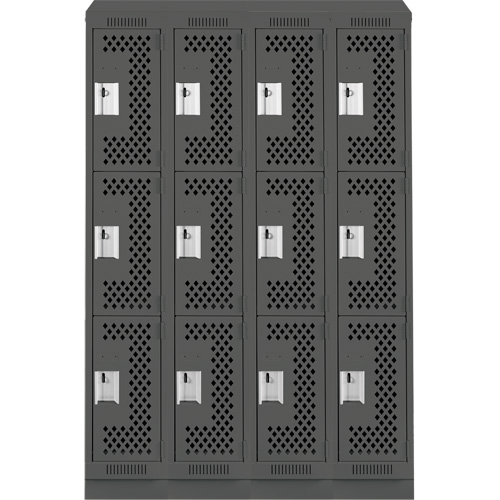 Clean Line Lockers, 3 -tier, Bank of 4, 48" x 18" x 82", Steel, Charcoal, Rivet (Assembled), Perforated Seaboard Timber Mart
