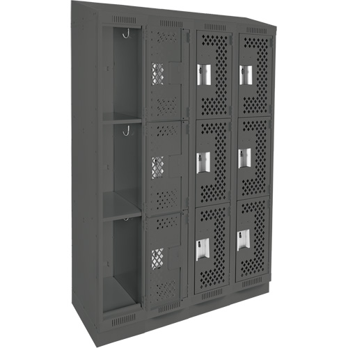 Clean Line Lockers, 3 -tier, Bank of 4, 48" x 18" x 82", Steel, Charcoal, Rivet (Assembled), Perforated Seaboard Timber Mart