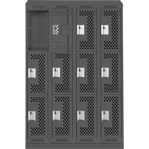 Clean Line Lockers, 3 -tier, Bank of 4, 48" x 18" x 82", Steel, Charcoal, Rivet (Assembled), Perforated Seaboard Timber Mart