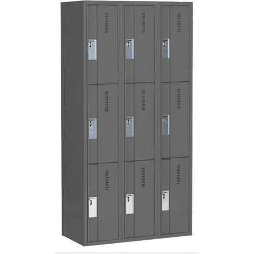 Concorde Heavy-Duty Lockers, 3 -tier, Bank of 3, 36" x 18" x 72", Steel, Charcoal, Welded (Assembled) Seaboard Timber Mart