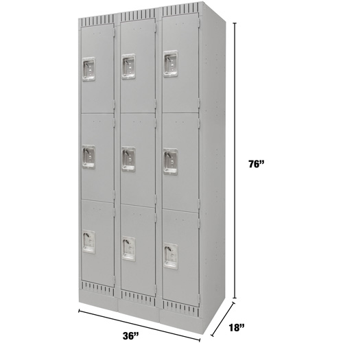 Lockers, 3 -tier, Bank of 3, 36" x 18" x 76", Steel, Grey, Knocked Down Seaboard Timber Mart