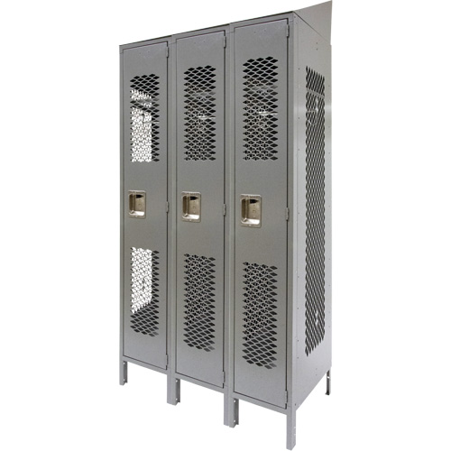 Vented Lockers, Bank of 3, 36 x 18" x 88", Steel, Grey, Knocked Down, Perforated Seaboard Timber Mart
