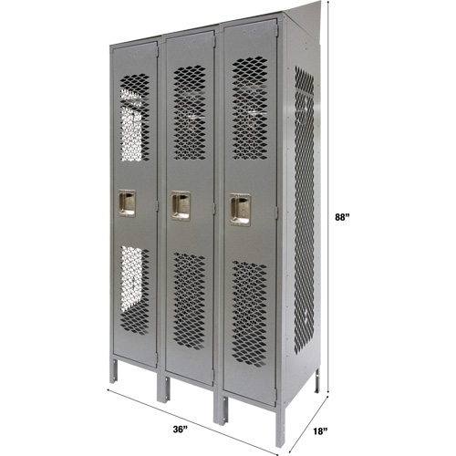 Vented Lockers, Bank of 3, 36 x 18" x 88", Steel, Grey, Knocked Down, Perforated Seaboard Timber Mart