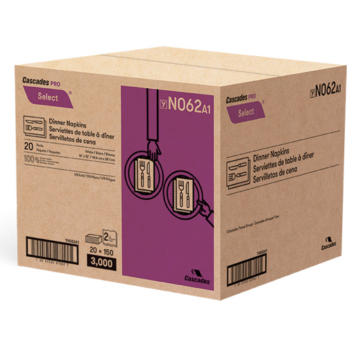Serviettes de table &agrave; plis 1/8 Pro Select, 2 pli, 15" x 16" Seaboard Timber Mart