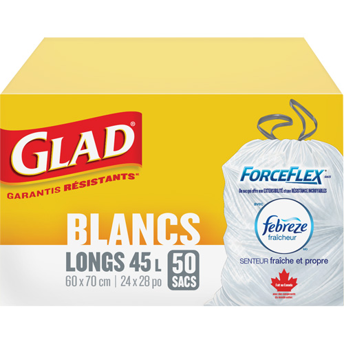 Sacs &agrave; ordures hauts 45 L avec Febreze, R&eacute;gulier, 24" la x 28" lo, Blanc Seaboard Timber Mart