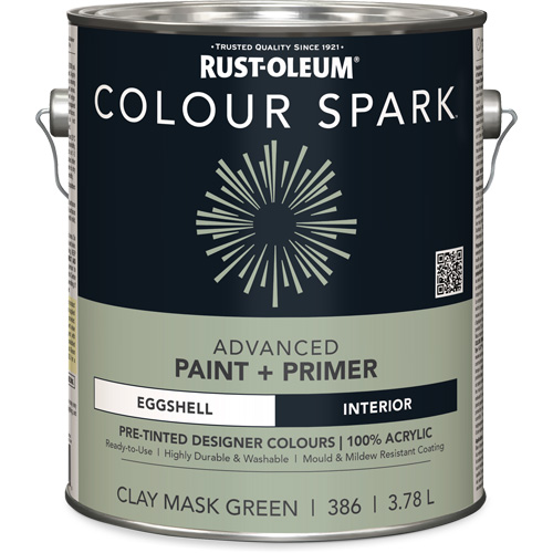 Peinture int&eacute;rieure pr&eacute;teint&eacute;e + appr&ecirc;t mural Colour Spark, Vert masque en argile, Satin&eacute;, 3,78 L, Gallon Seaboard Timber Mart