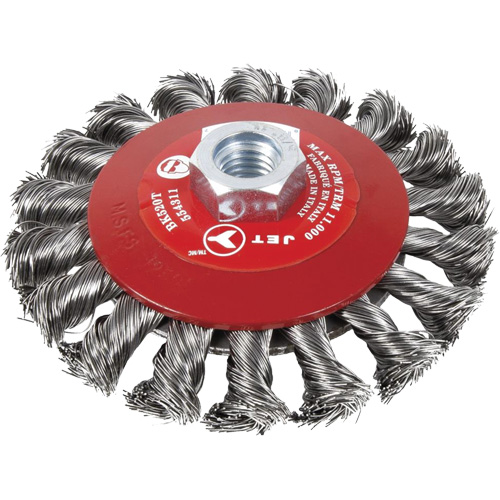 Brosse conique &agrave; fils nou&eacute;s torsad&eacute;s, Dia. 6", Fils 0,02", Arbre 5/8"-11, Acier Seaboard Timber Mart