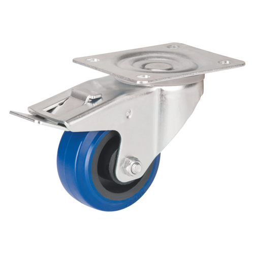 Blue Caster, Swivel with Brake, 3" (76 mm), Rubber, 285 lbs. (129 kg.) Seaboard Timber Mart