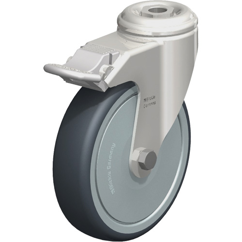 Stainless Steel Thermoplastic Elastomer Caster, Swivel with Brake, 5" (127 mm) Dia., 265 lbs. (120 kg.) Capacity Seaboard Timber Mart