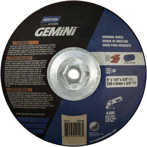 Gemini&reg; Saucer Wheel, 9" x 1/4", 5/8"-11 Arbor, Aluminum Oxide, Type 28 Seaboard Timber Mart